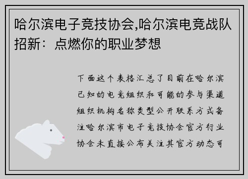 哈尔滨电子竞技协会,哈尔滨电竞战队招新：点燃你的职业梦想